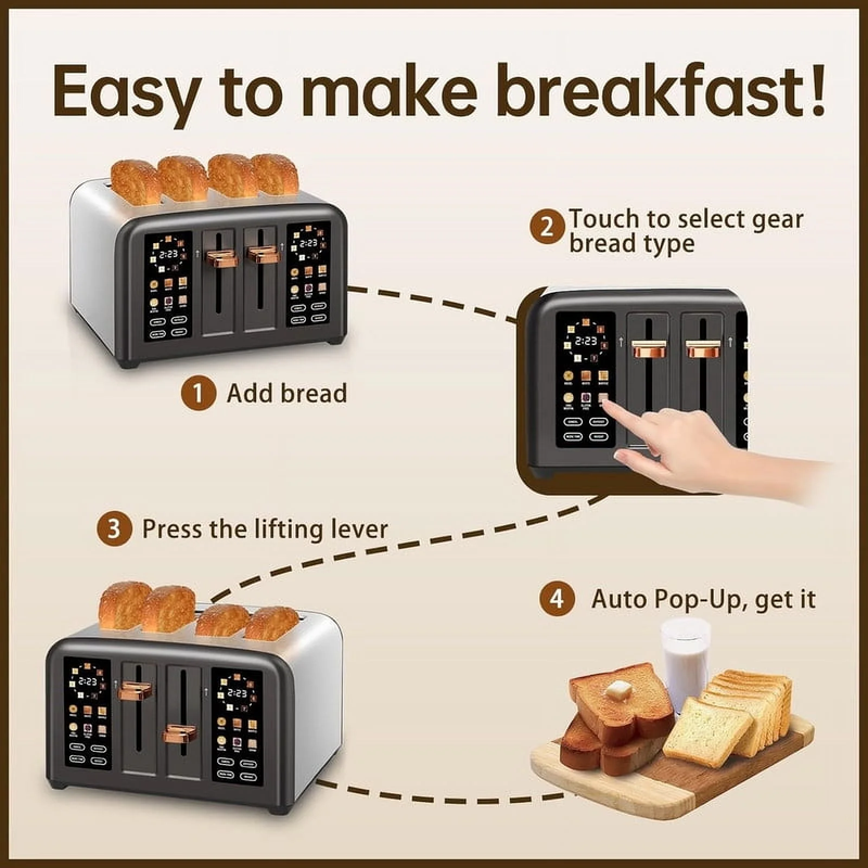4 Slice Toaster Touch Screen Long Slot, Touch Screen for Dual Control, 7 Shade S4