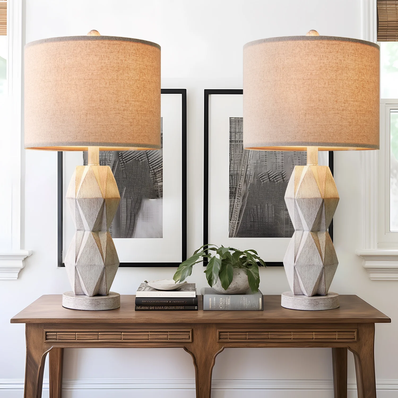 Set of 2 Farmhouse White Table Lamp 24.5" Rustic Resin for Bedroom & Living Room0