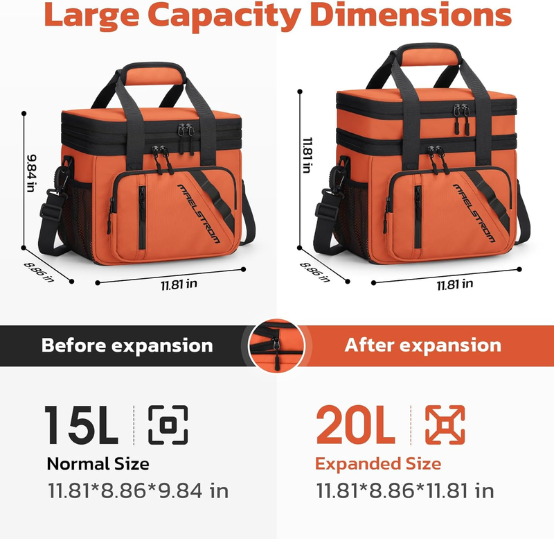 20L Expandable Double Deck Insulated Lunch Bag Orange Cooler1