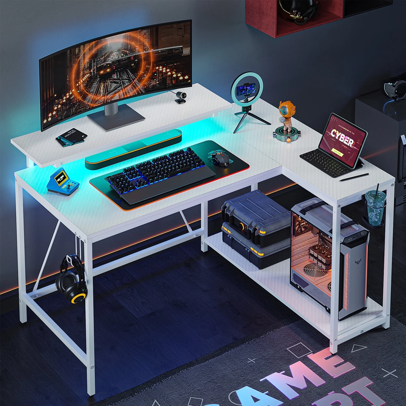 42" Reversible L-Shaped Gaming Desk LED with Monitor Stand & Headset Hooks White0
