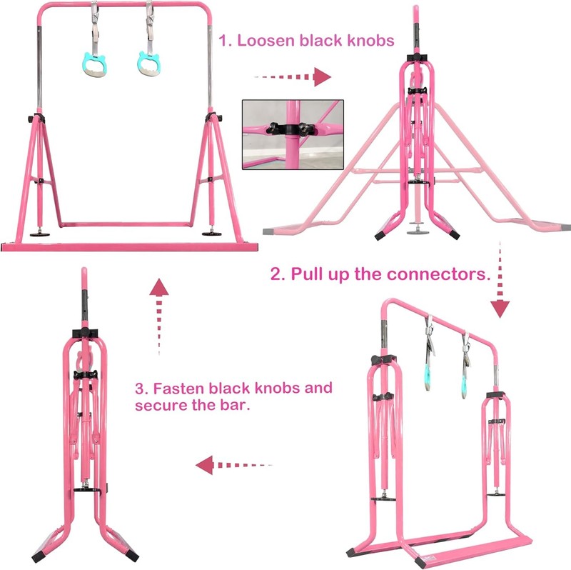 Folding Kids Gymnastics Bar w/ Rings Sturdy Kip Bar Horizontal Home Gym4
