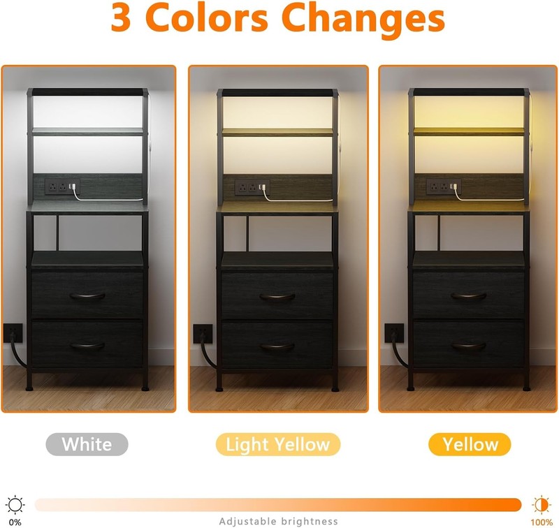 Tall Nightstand 4 Tier w/ 2 Fabric Drawers & Charging Station Black Oak4