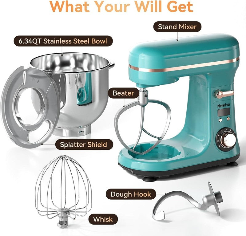 400W Stand Mixer 6.34QT 6+P Speed w/ Dough Hook Whisk Beater LED4