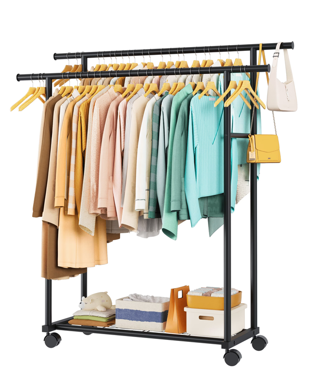 Clothes Rack with Double Hanging Rods and Bottom Shelf, Rolling Metal Garment Ra0