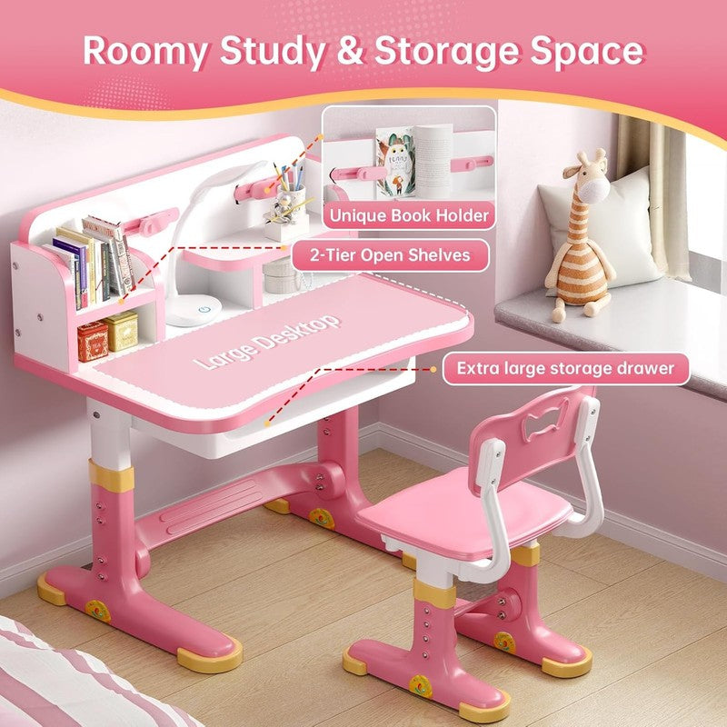 Kids Desk & Chair Set Height Adjustable Study Table w Bookstand Drawer3
