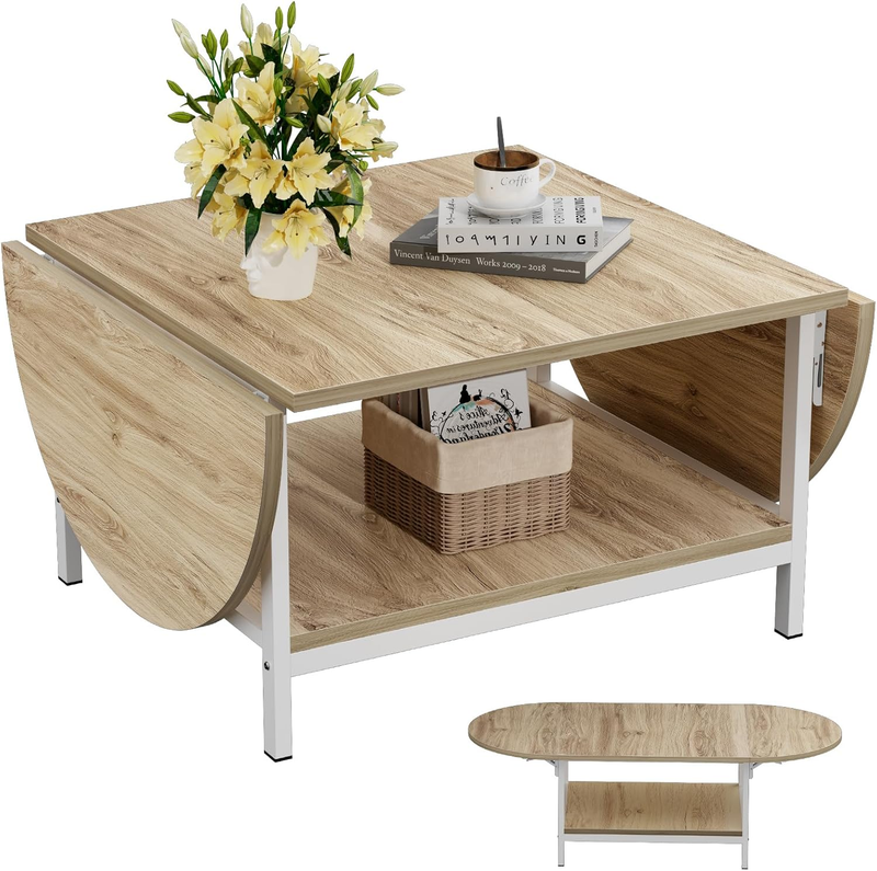 2 Tier Foldable Coffee Table, White & Oak, Modern Living Room Table9