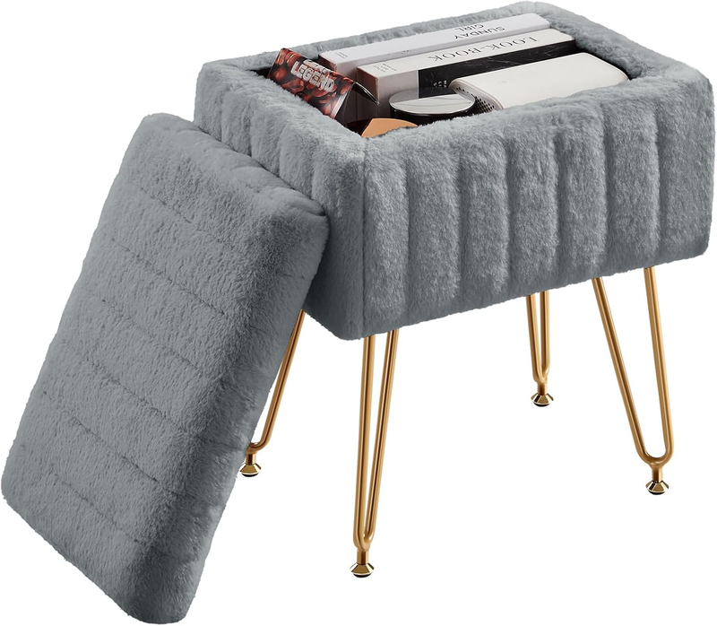 Vanity Stool Ottoman with Storage Faux Fur Seat Footrest Chair 4 Metal Legs Gray9