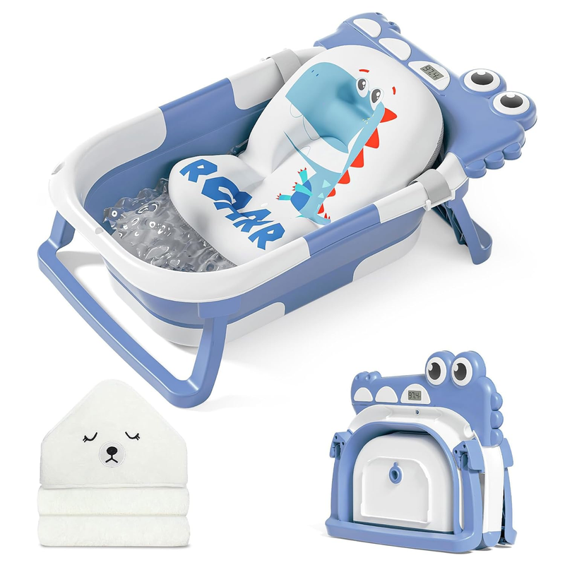 Collapsible Baby Bathtub w/ Thermometer, Hooded Towel & Floating Cushion0