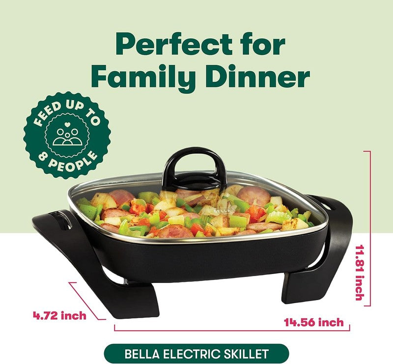 Electric Skillet Nonstick Frying Pan Glass Lid 12x12” Cool Touch Black1