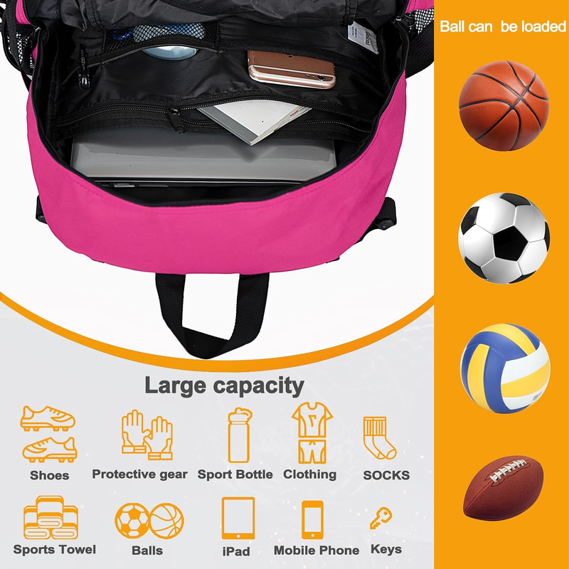 Soccer Basketball Backpack w/ Ball & Shoe Compartment Sports Travel Bag3