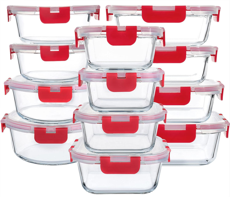 24 Piece Glass Meal Prep Containers Airtight Locking Lids Red9