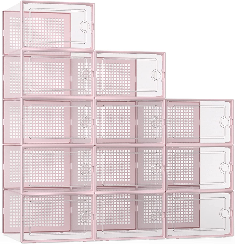12 Pack X Large Clear Shoe Storage Boxes, Stackable Organizer Bins, Pink0