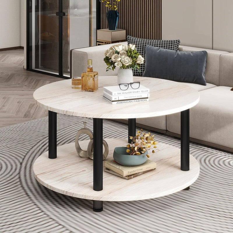 Round 2 Tier Coffee Table with Storage 23.6" Metal Frame, Oak1