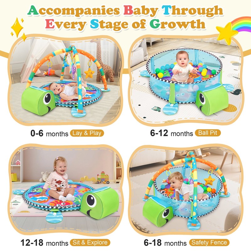 3-In-1 Baby Gym and Play Mat, Baby Activity with Ocean Ball Sensory Toys, 0-36 M6