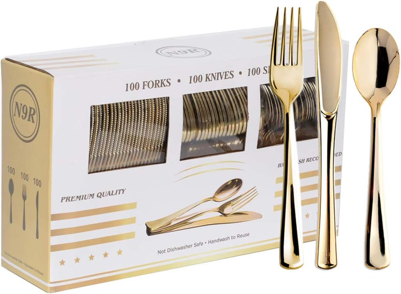 300 Pc Gold Plastic Silverware Set 100 Forks Spoons Knives Disposable Party10