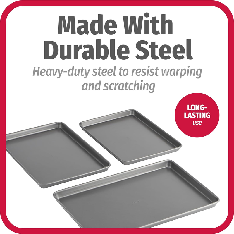3PC Nonstick Baking Sheet Set Carbon Steel Cookie Pans Gray5