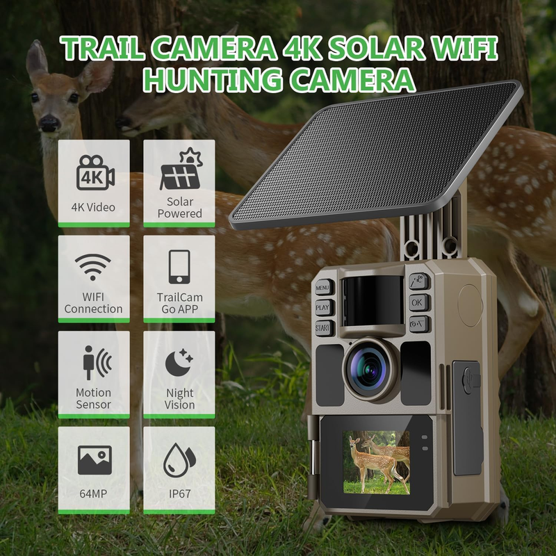 Solar 4K WiFi Trail Camera 64MP 0.1S Motion Night Vision IP67 64GB Battery Cam3