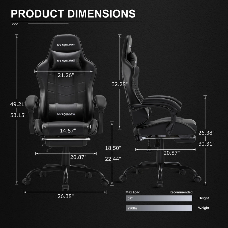 Ergonomic Gaming Office Chair GTWD 200 Adjustable Pillows Footrest Black3