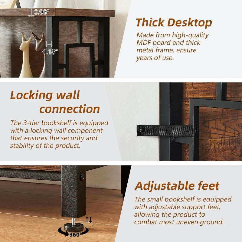 3 Tier Bookshelf Rustic Brown Engineered Wood Metal Storage Bookcase Low4