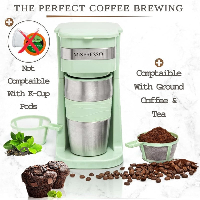 Green Single Serve Coffee Maker with 14Oz Travel Mug & Auto Shut Off2
