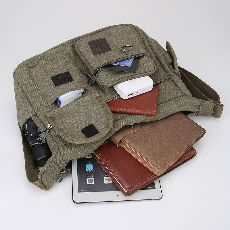 Canvas Shoulder Bag Men Multi Pocket 13 Inch Laptop Crossbody Travel Bag3