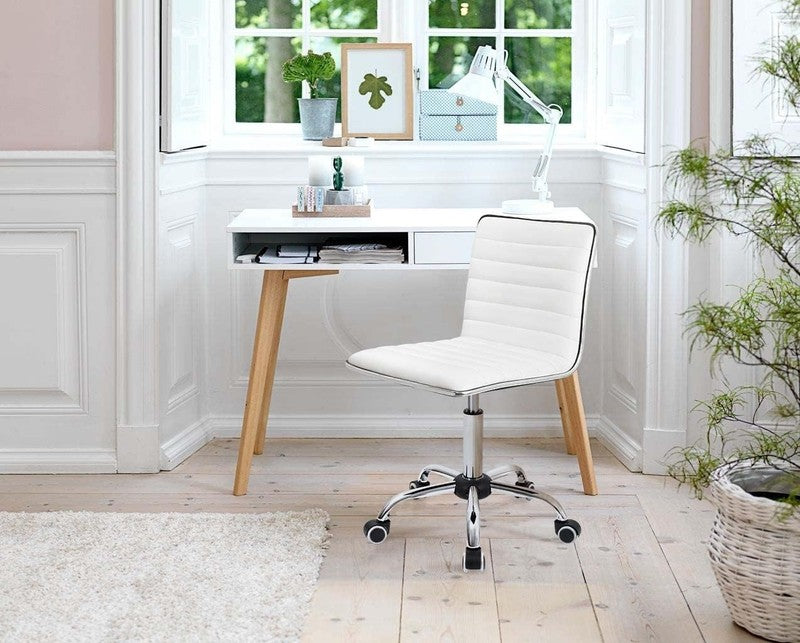 Retro White PU Leather Mid Back Vanity Chair with Swivel Design1
