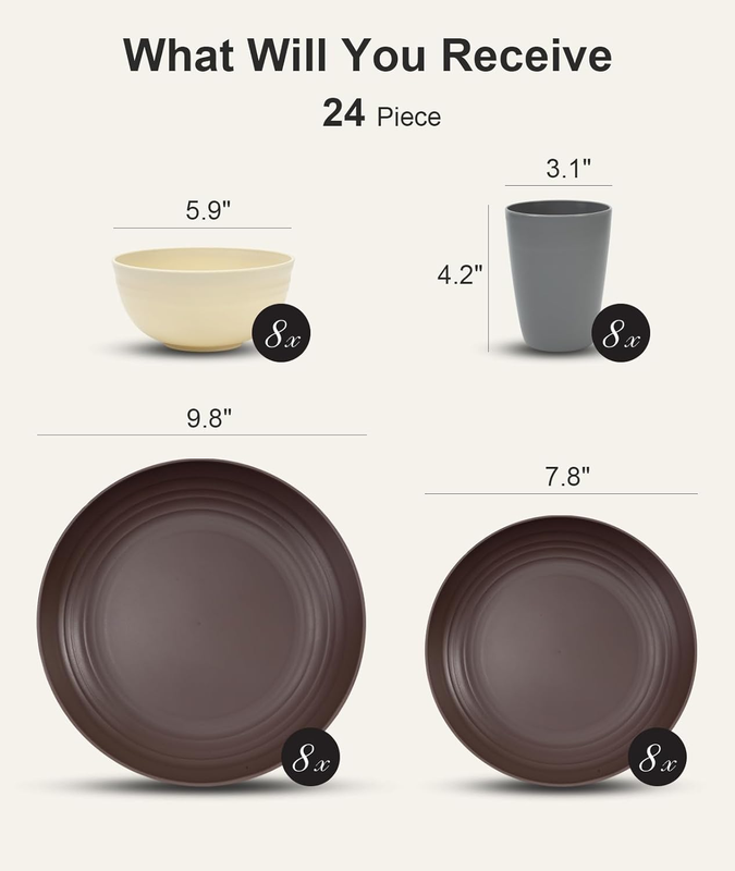 24 Piece Unbreakable Dinnerware Set Plates Bowls for 6 Camping Brown1
