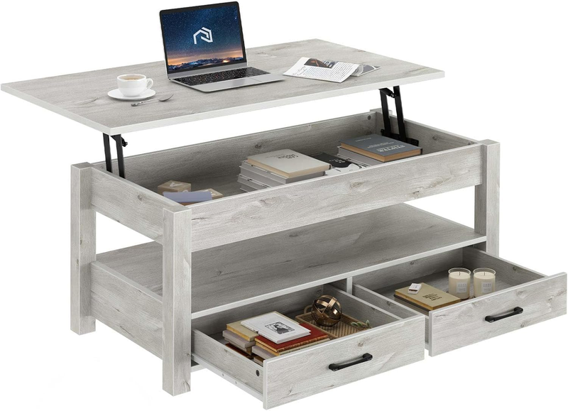 Lift Top Coffee Table w/ Drawers Hidden Compartment Wooden Table Grey9