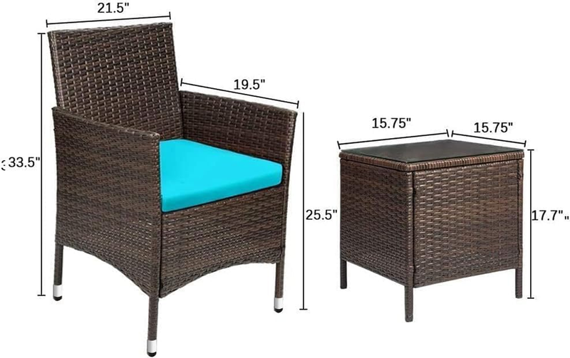 3 Piece Patio Furniture Set PE Rattan Table Outdoor Set Brown Blue Patio Porch7