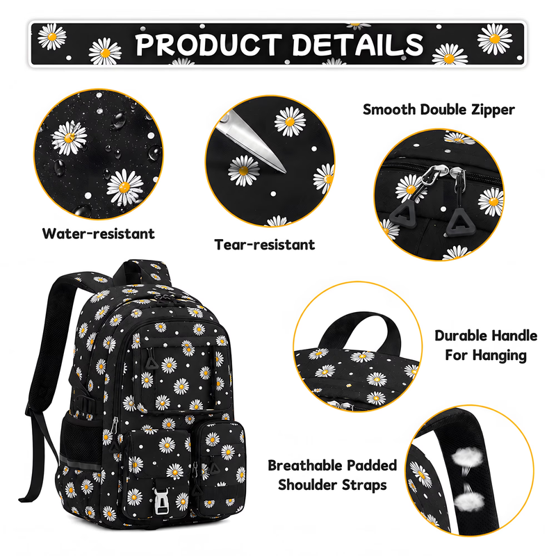 Kids Backpack Set w/ Lunch Bag & Pencil Case Black Flower5