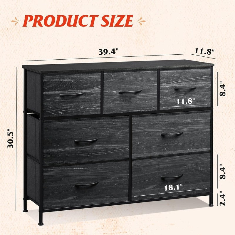 7 Drawer TV Stand Dresser Charcoal Black Wood Grain Metal Frame Storage Chest2