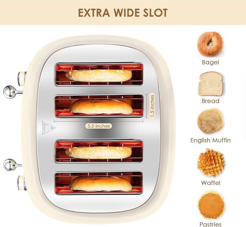 Retro 4 Slice Toaster Cream ST033 - Wide Slots, Bagel, Defrost, 6 Settings2