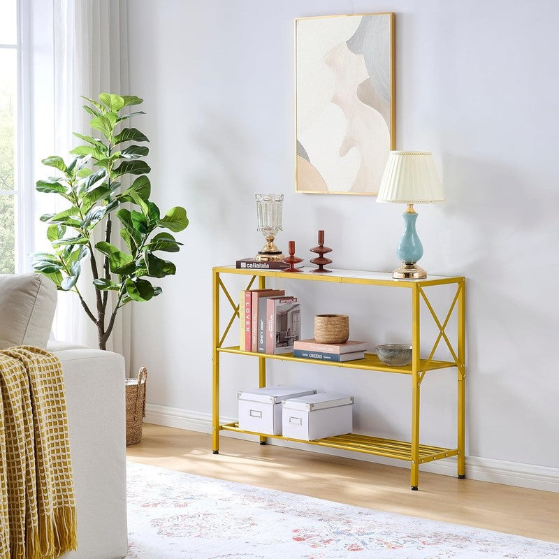 Gold Console Table 3 Tier Entryway Hallway Narrow Sofa Table White Shelves8