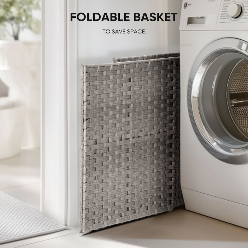 90L Handwoven PP Rattan Laundry Basket Gray w/ Lid, Foldable, Removable Liner4