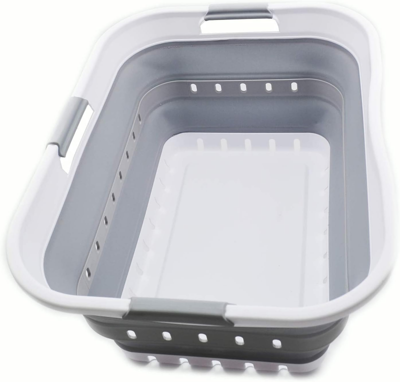 42L (11 Gal) Collapsible Plastic Laundry Basket White/Grey Foldable Hamper0