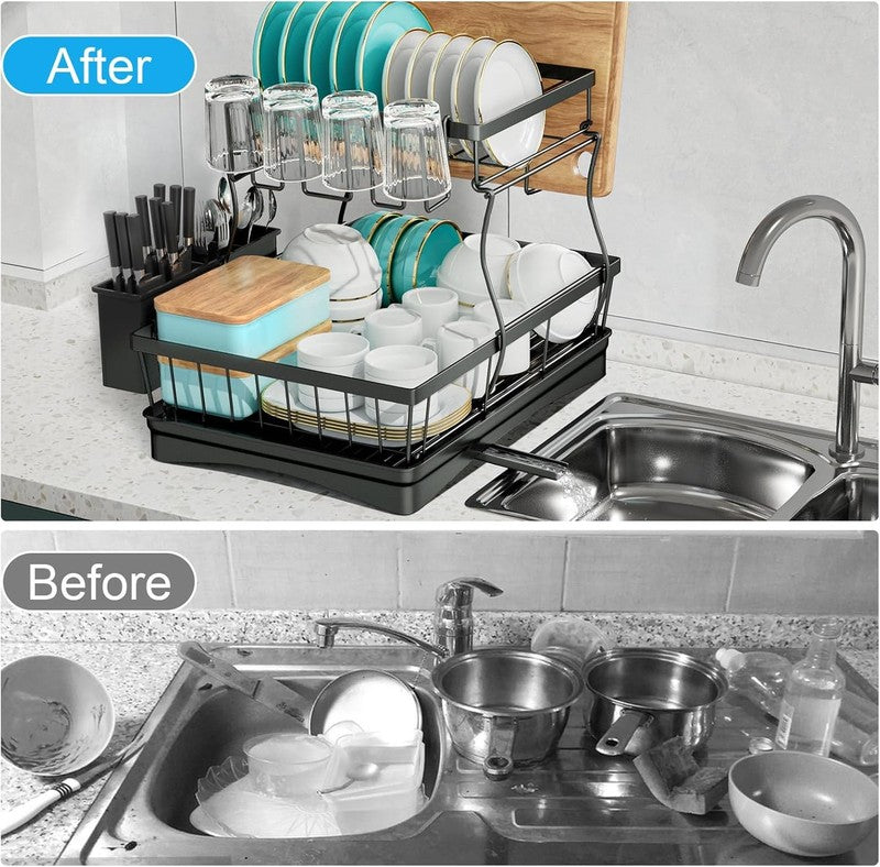 2 Tier Large Dish Drying Rack with Utensil Holder   Black Kitchen Organizer5
