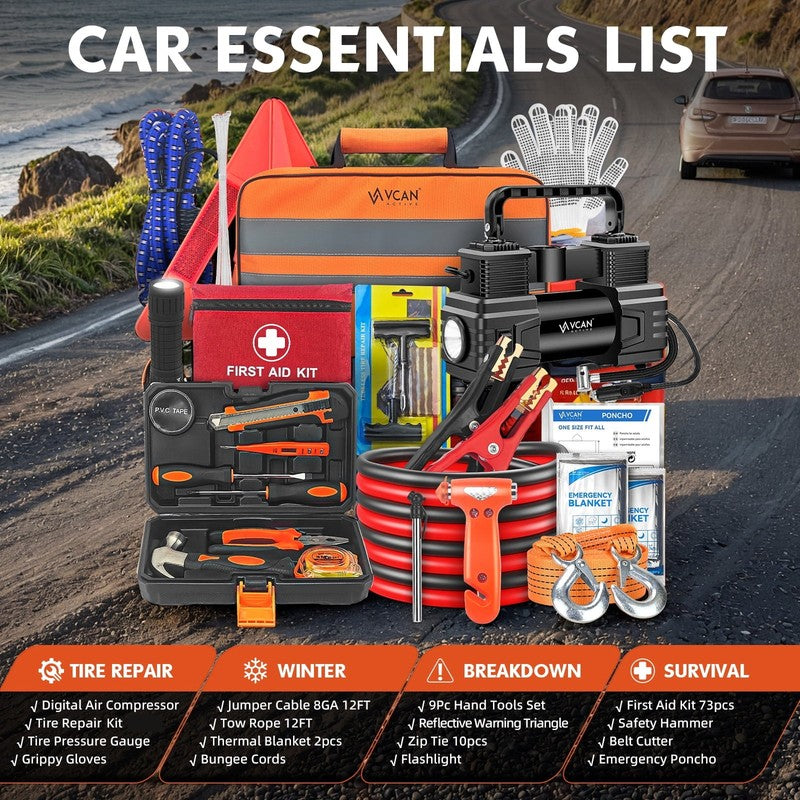 Car Emergency Kit with Portable Air Compressor, First Aid Kit, Jumper Cables & R4