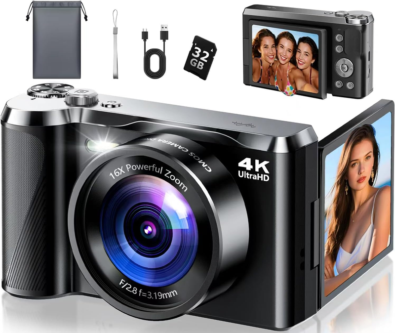 4K Digital Camera 56MP Vlogging 16X Zoom 3" Flip Screen Flash Travel Gift0