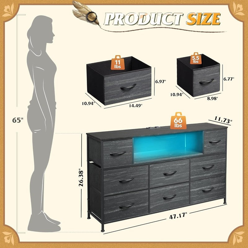 Black TV Stand Dresser LED Lights Charging Station 8 Fabric Drawers Open Shelf8