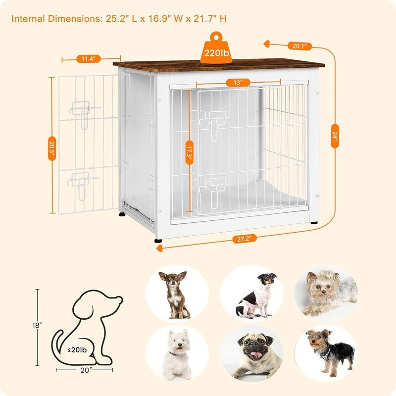 Dog Crate Furniture Table w/Cushion Wooden Kennel Double Door 27.2" White/Brown2