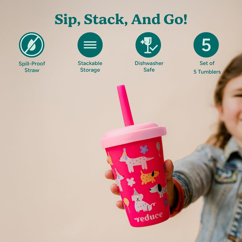 Gogo’s Kids 5PK Portable Tumblers 12oz Stackable Cups w/ Lids Spill Proof Straws2