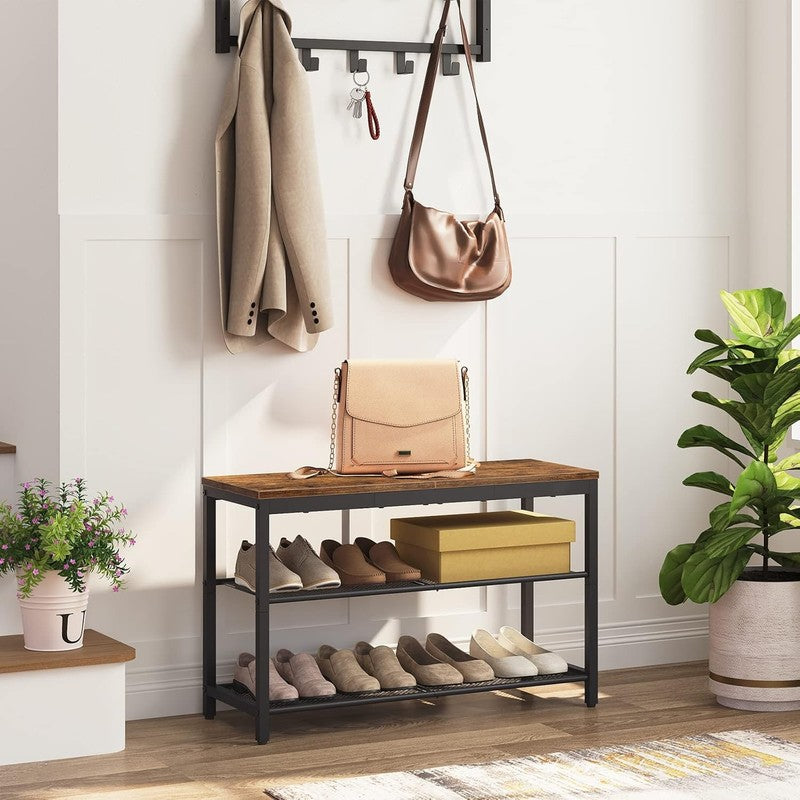Shoe Bench 3 Tier Rack Industrial Organizer Rustic Brown Entryway4