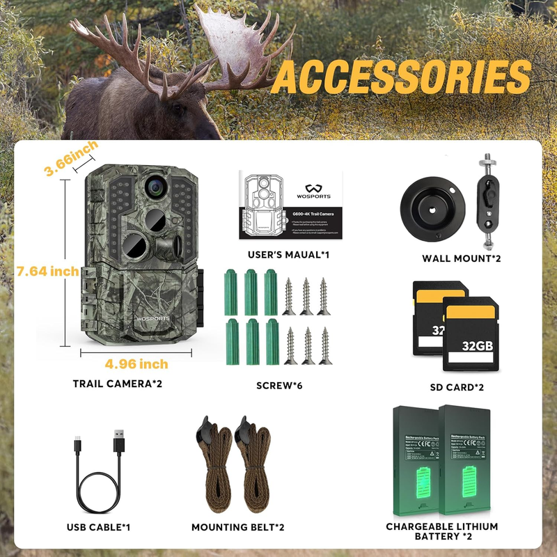 2 Pack 56MP 4K Trail Rechargeable 0.2S Night Vision Motion 120° Wildlife Cam3