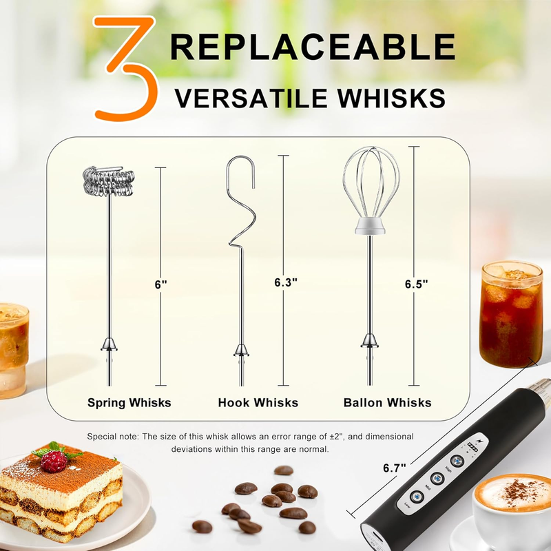 Milk Frother Handheld Black Rechargeable 3 Speed 3 Heads Coffee Whisk4