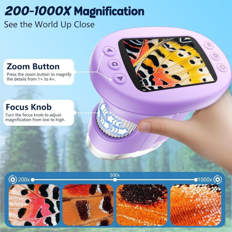 Kids 1000X Handheld Digital Microscope 4K 2.4" Display w/ 12 Slides – Purple4