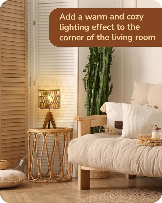 Small Table Lamp Rattan Wood Tripod Bedside Boho Nightstand Lamp E265