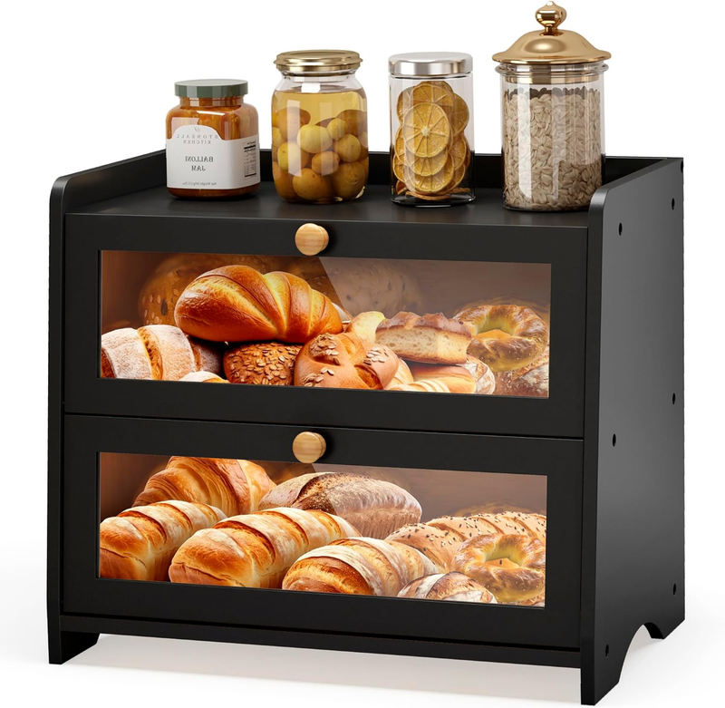 Double Layer Bread Box Large Wooden Farmhouse Bread Storage with Windows8