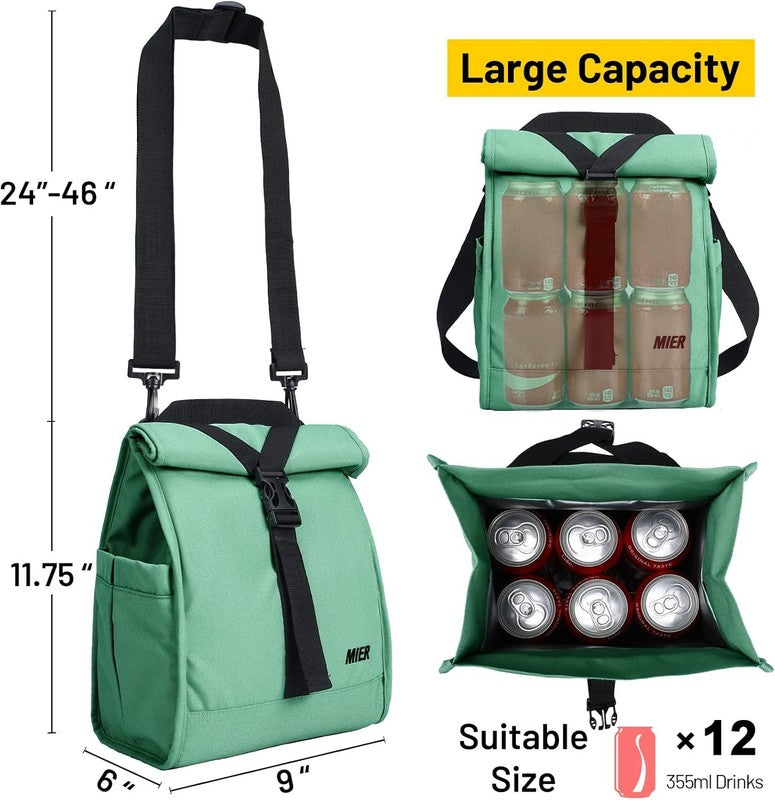 Insulated Roll Top Lunch Bag for Women Men Foldable Tote w/ Shoulder Strap Green6