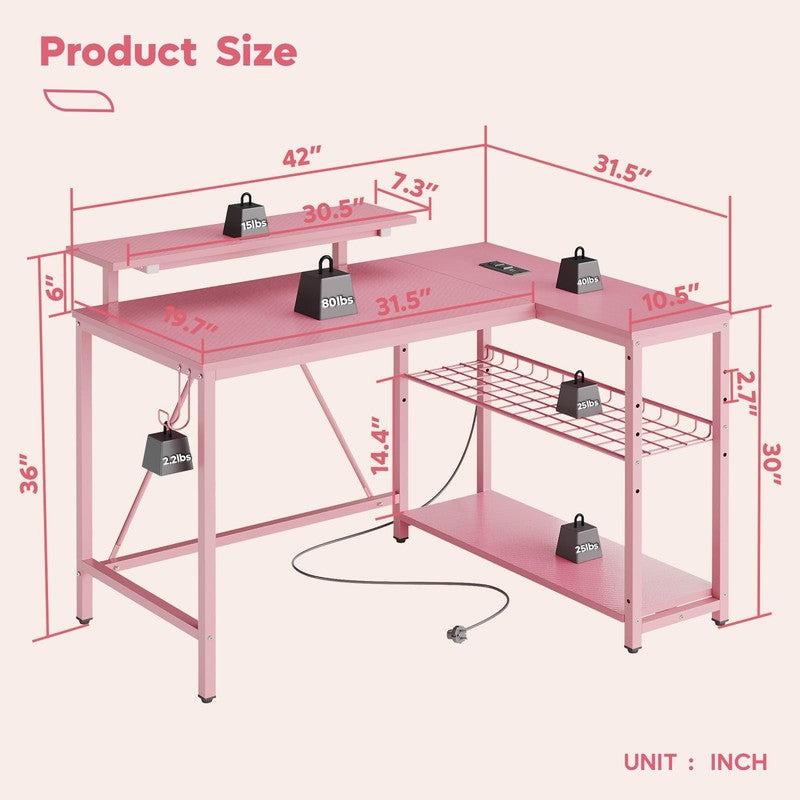 42" L-Shaped Computer Desk LED with Power Outlets & Monitor Stand Pink4