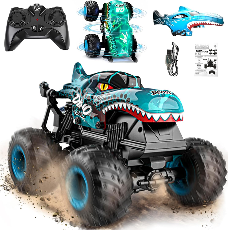 RC Monster Truck Toy Dinosaur Car 1:20 Scale Light Music 360° Spin 2 Shells8